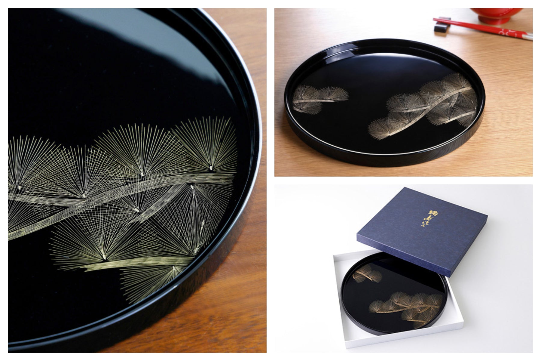 輪島塗 丸盆 沈金 松紋箱付き 輪島塗 丸盆 沈金 松紋様 専用箱付き