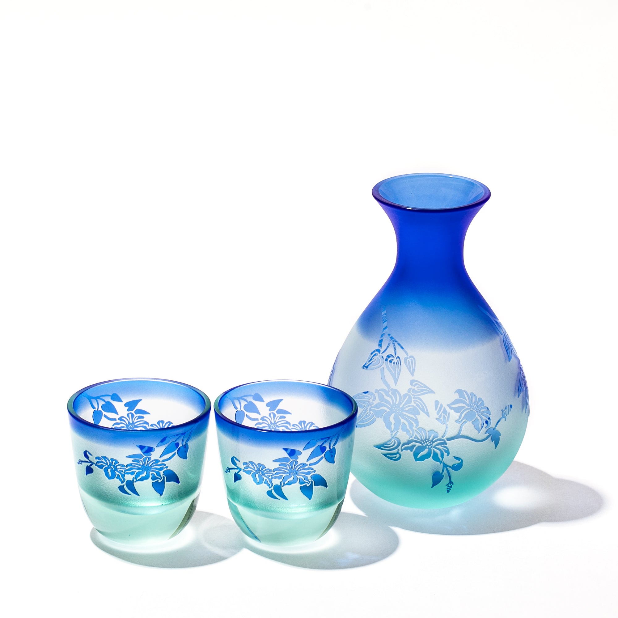 彫刻 夢柄子 鉄線紋 酒器三点揃 ブルー/パープル 盃55ml 徳利210ml