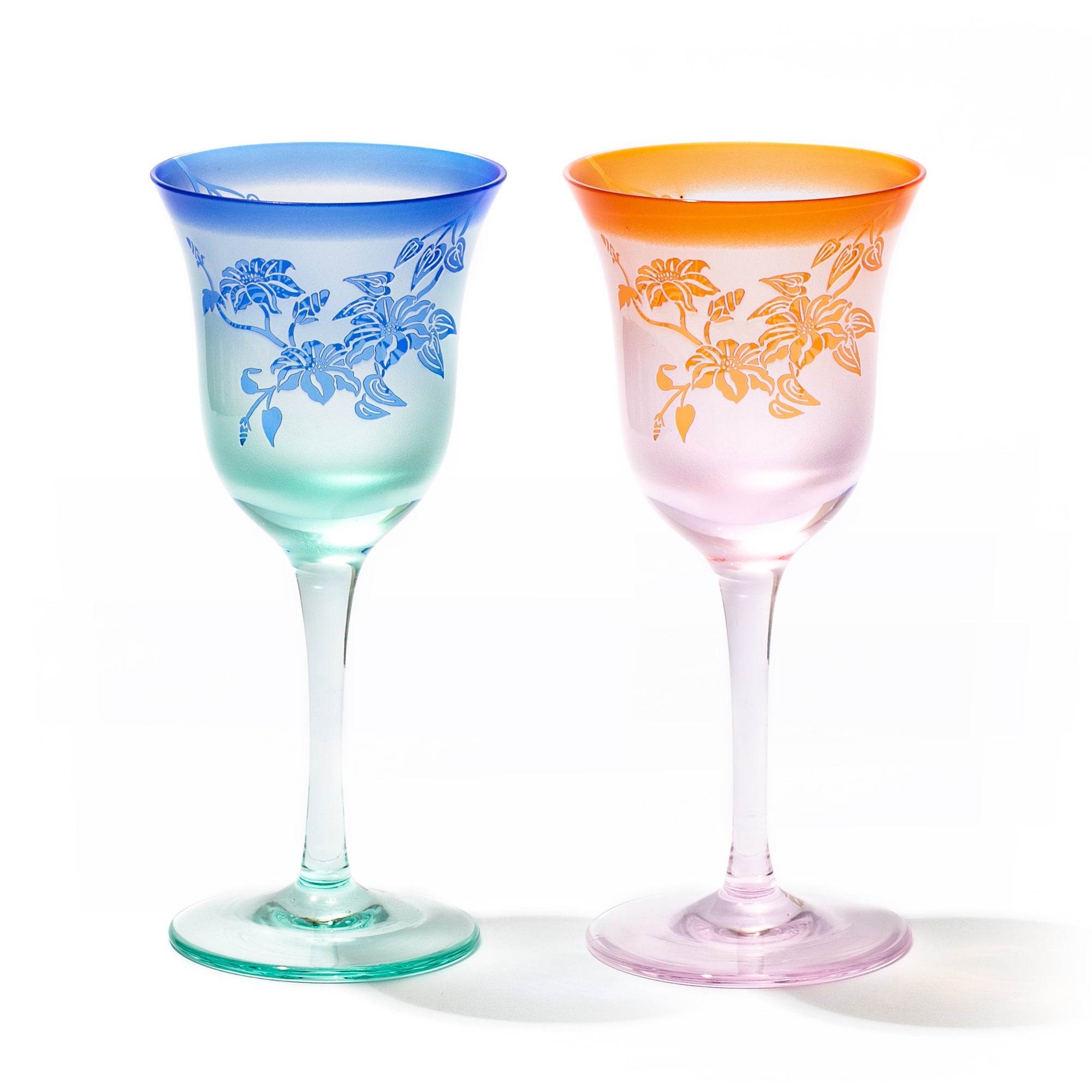 彫刻 夢柄子 ぶどう紋 ワイングラス ピンク/パープル ｜江戸切子グラス