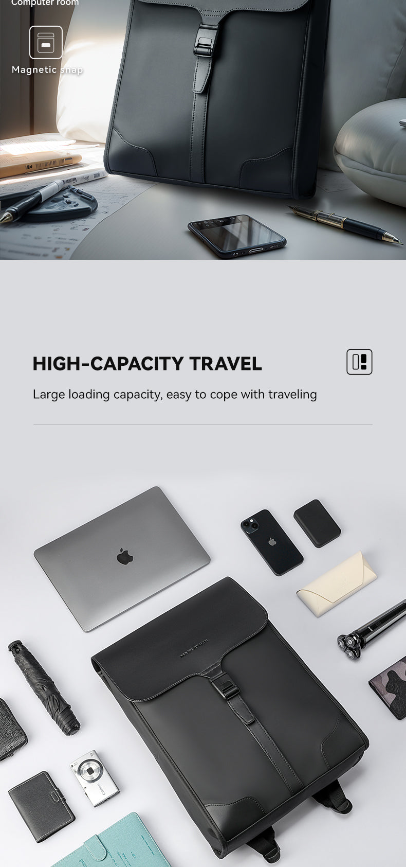 MUKE I MR1611: Classic Business Work Black Leather Backpack | Mark