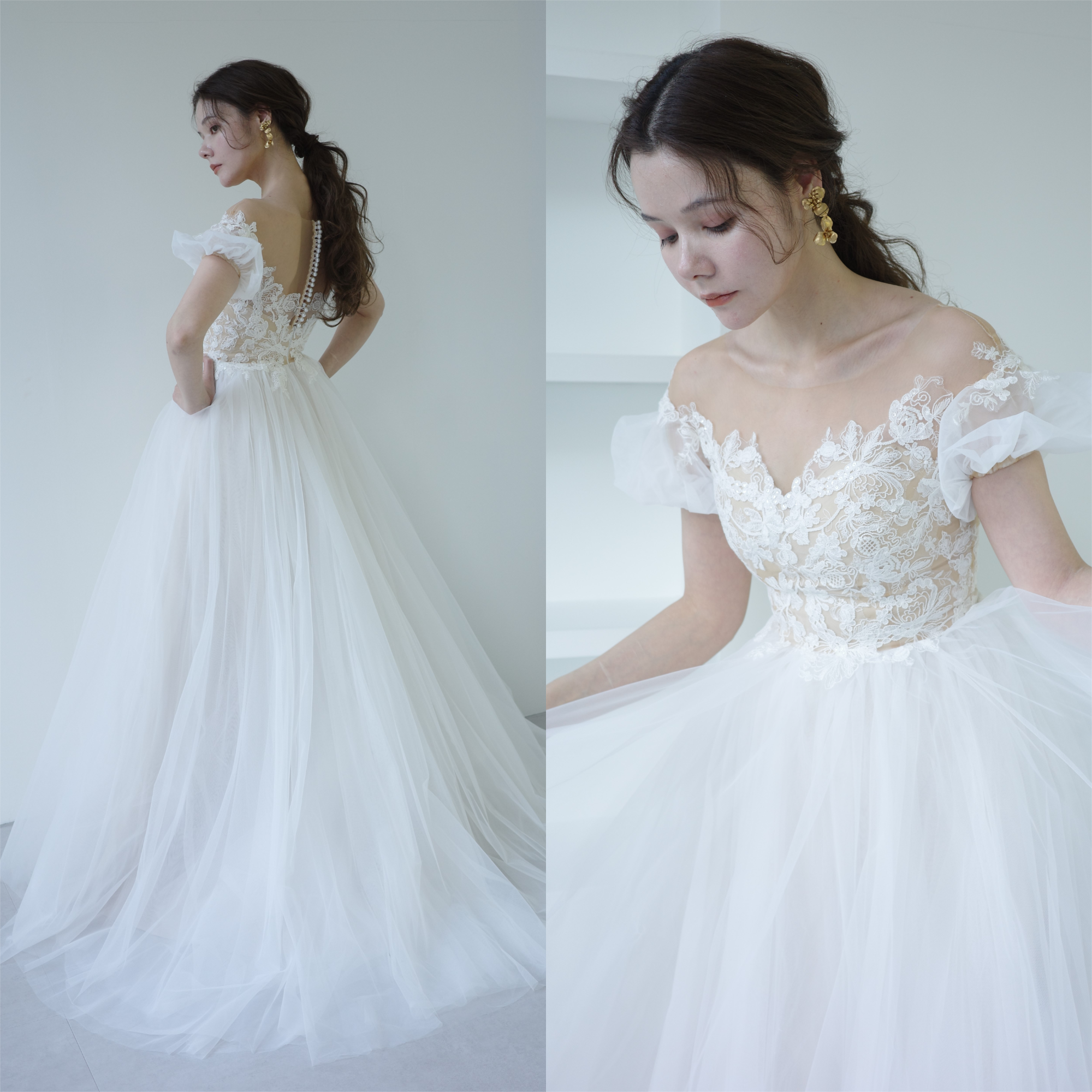 パフスリーブ オフショルダー風 レース Aラインドレス（W132）