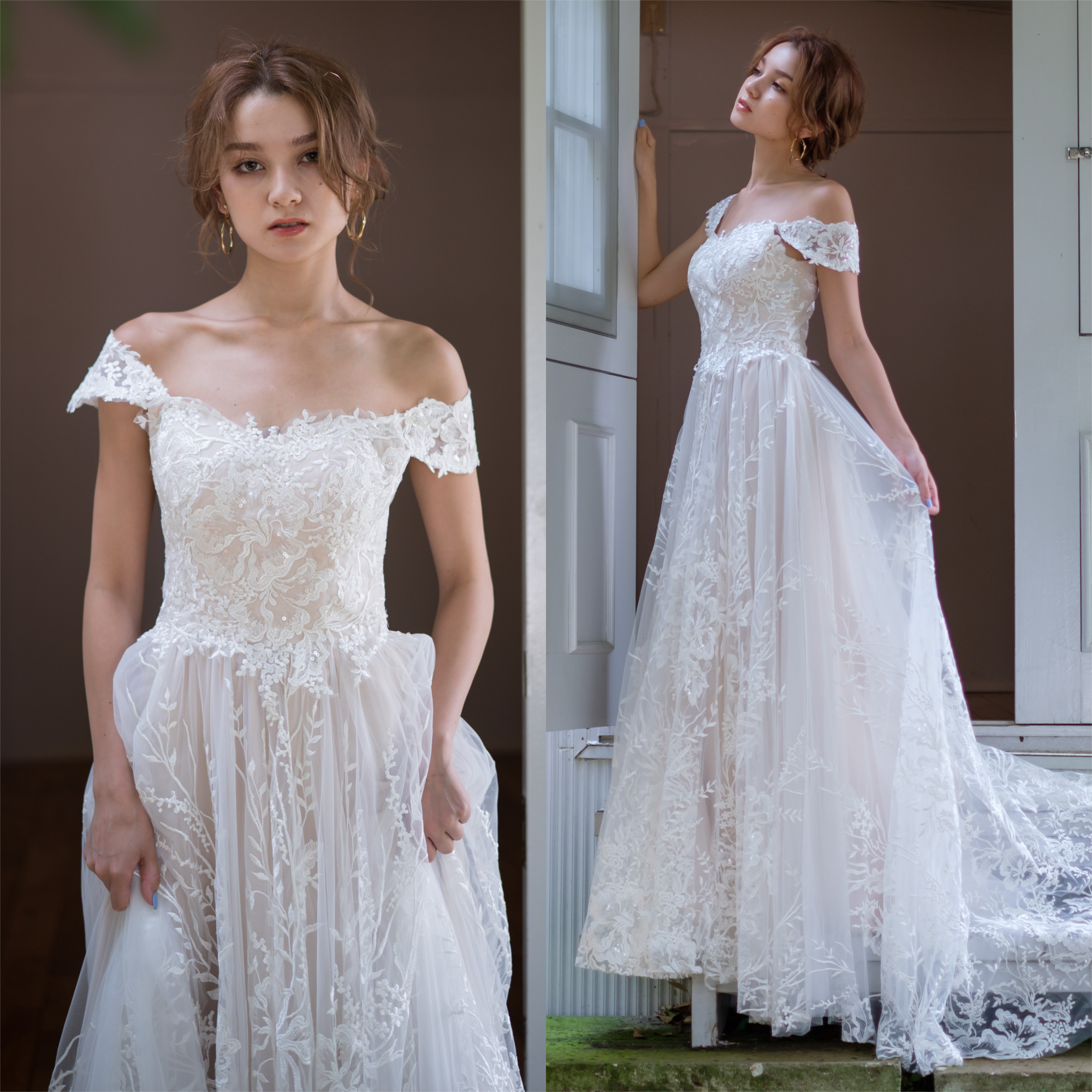 オフショルダー フラワーレースドレス（W231）