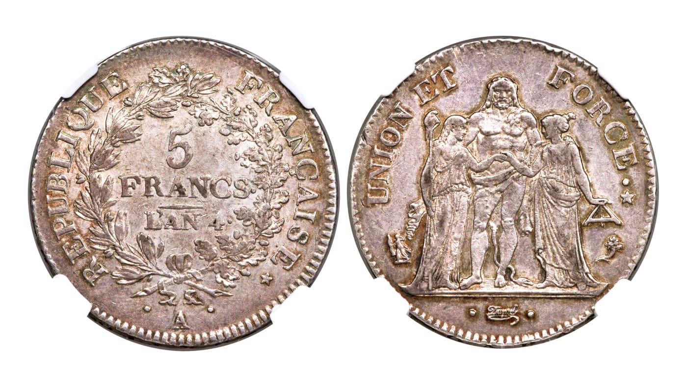 1874年 ヘラクレス 5フラン銀貨、極美＋