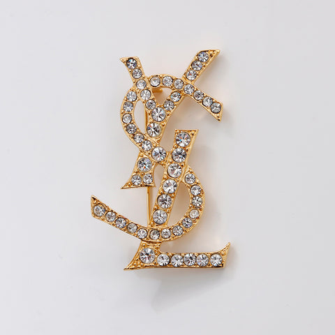 YVES SAINT LAURENT YSL logo rhinestone Brooch gold WS6180 – NUIR