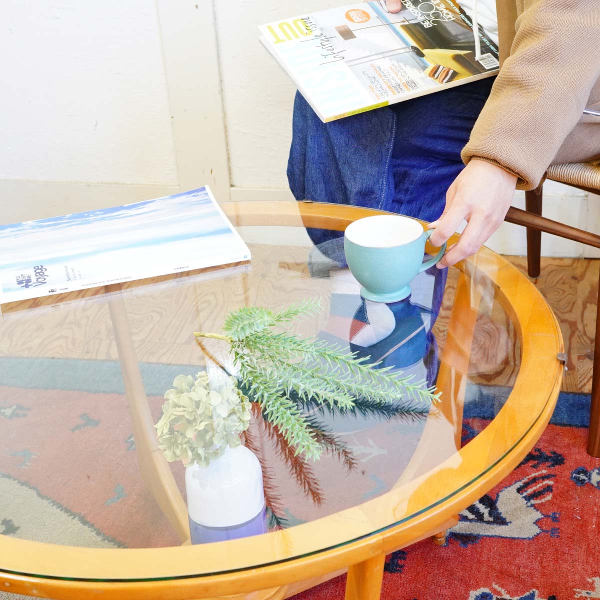 ミッドセンチュリー 丸型 ラウンドテーブル ヴィンテージ 強化ガラス 4