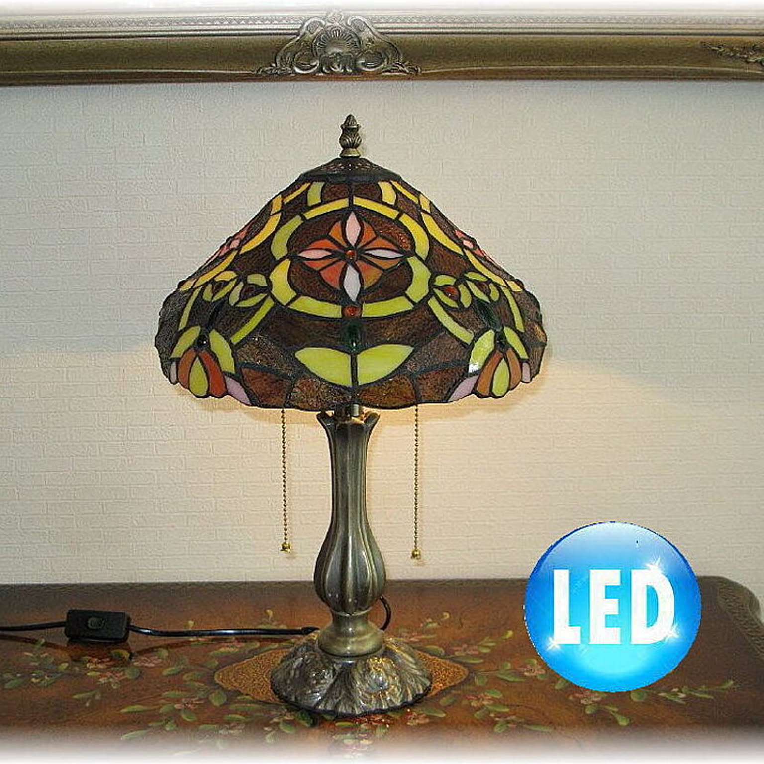 大型ランプ フリルガラスランプ 金彩色絵『貴公子と貴婦人文』洋燈