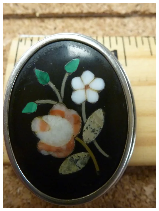 イタリア製 Pietra Dura象嵌細工 バラ文様 ブローチ シルバー800 800