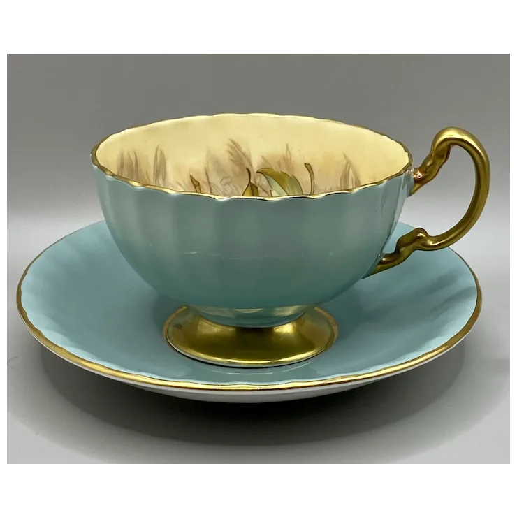 Vintage Aynsley Tea Cup and Saucer Set, Hand-Painted, Sage Green