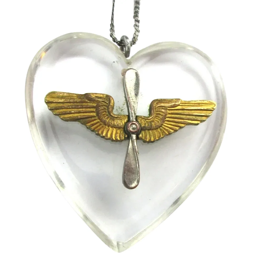 WWII Sweetheart Jewelry Necklace Lucite Heart w/ Pilot Wings. For