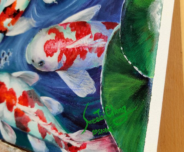 金魚 油絵 油彩画 20×20cm 金魚の油絵：オリジナルの水中動物アート