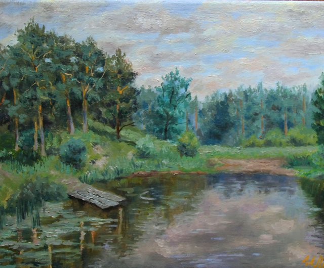 自作油彩画 油絵 風景画 湖 森 自作油彩画 油絵 風景画 湖 森