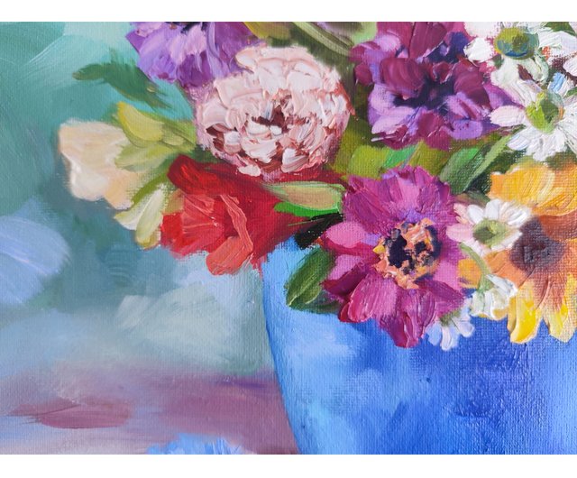 キャンバス油絵 いとを お花とビンとカップのあるテーブル おしゃれ