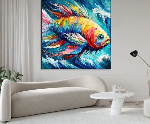 スペイン カラフルな魚大型アクリル抽象絵画テクスチャ壁アート現代