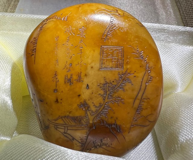 寿山石 鹿目格石 鹿目田 細工彫『仙人図』印材 文字掘り込みなし