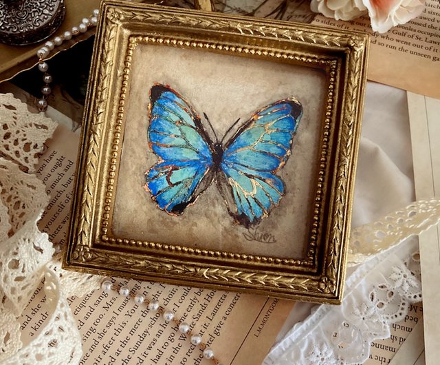 蝶絵画 蝶の羽 羽根細工 バタフライアート ブルー モルフォ蝶 蝶画 蝶
