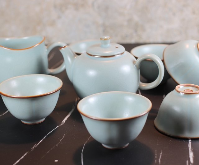 送禮好物】祥億窯汝窯天青圓滿葵口茶具組安心出貨自然釉文創工作室