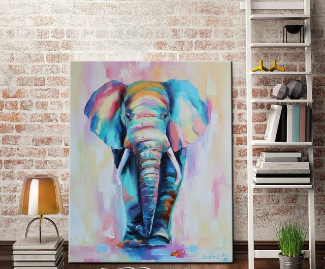 ロシア カラフルな象の絵の動物オリジナルアートキャンバス象の油の