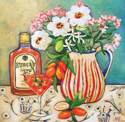 キャンバス油絵 いとを お花とビンとカップのあるテーブル おしゃれ