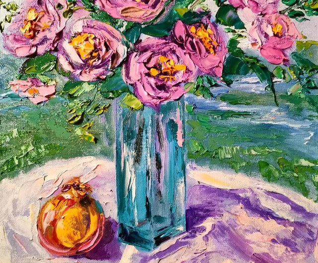 真作】絵画 作者不詳 サイン有 油彩4号 花 ピンクの優美な花