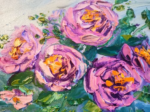 ロシア ザクロ ピンクのバラ ガラス花瓶 油絵 厚塗り オリジナル