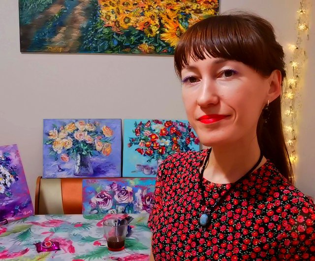 Risbonum☆】油絵 原画 抽象画 北欧 春 花 ピンク F12 送料無料