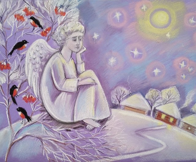 ロシア 天使の冬の絵 新年のパステル画 クリスマスの絵画 鳥 冬の