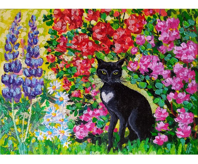 猫の絵 花 世界中の猫が幸せになりますように #イラスト#猫#猫の絵#花