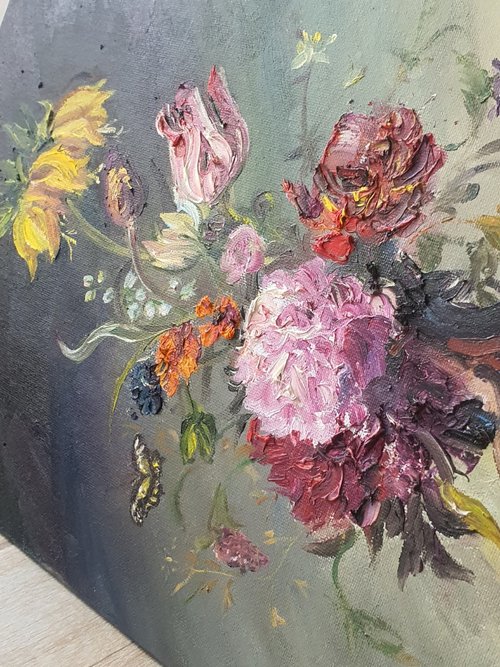 キャンバス油絵 専用 たっぷり入れた花瓶の青いお花 キャンバス油絵