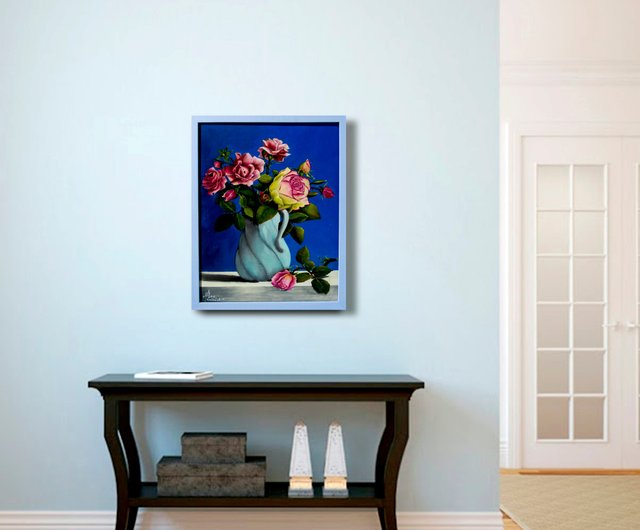 キャンバス油絵 専用 カラフルなお花をたくさん入れた花瓶 happy