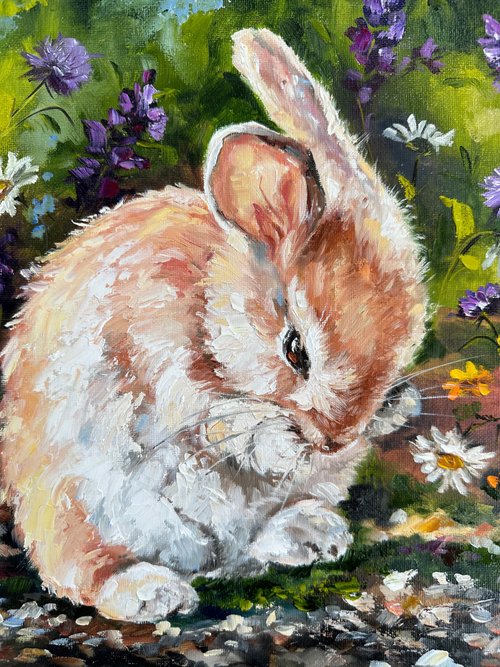 ウサギの油絵【兎伯爵】1点物の原画/作者サイン入り/F8号キャンバス