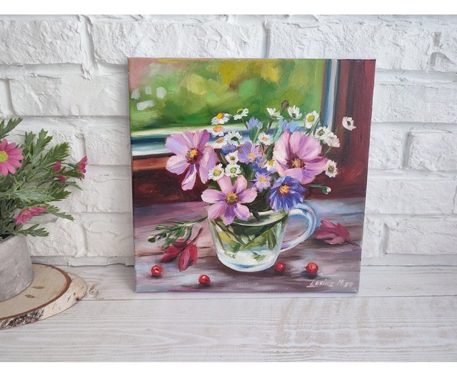 キャンバス油絵 いとを お花とビンとカップのあるテーブル おしゃれ