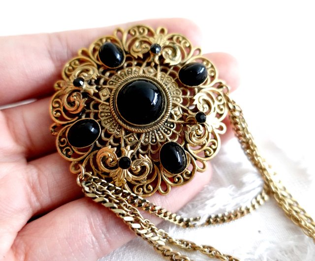 香港 ロイヤルブラックストーンダークフラワーイエローペンダント