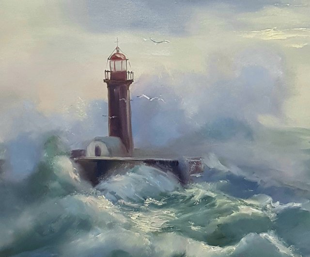 ロシア 灯台オリジナル油絵海手工油画波壁アートキャンバス海のアート