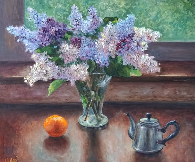 ロシア ライラックの絵画オリジナルの花アート花瓶の花束アートワーク