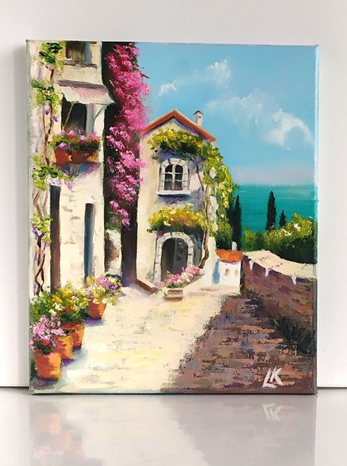 送料無料】ブルガリア 地中海の風景画 イタリア キャンバスに油絵