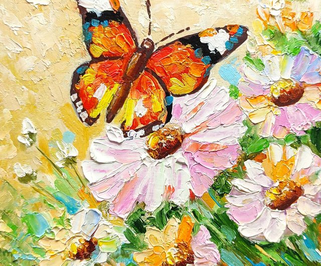 ロシア 花の上の蝶 オリジナル油絵 額入りアート ギフトアイデア 手工