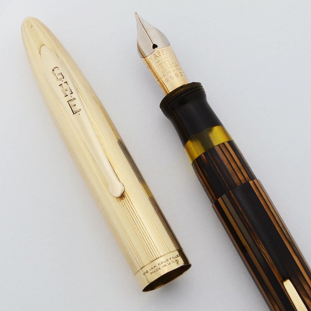 Sheaffer Crest Deluxe Fountain Pen - Brown Striated with Gold Cap