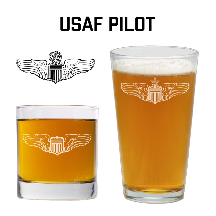 USAF Pilot Wings Aviation Badge Engraved Glassware