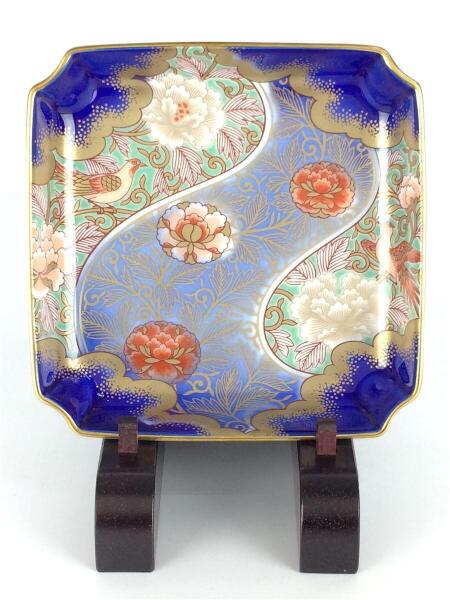 深川製磁紅白梅十二方割飾皿 深川製磁 金彩紅白