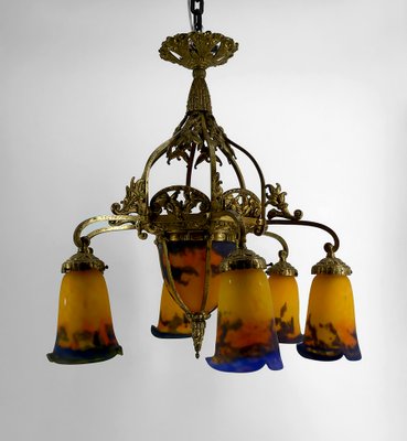 Art Deco Gilded Bronze and Blown Glass Chandelier from Muller