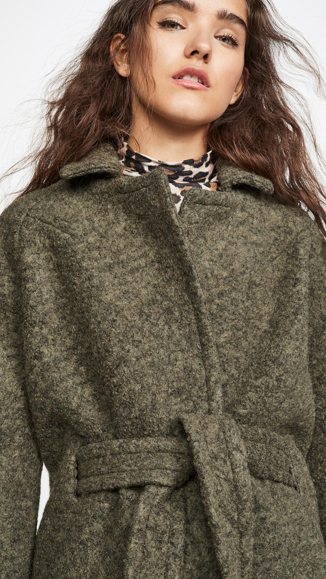 Ganni Boucle Wool Coat in Green | Lyst