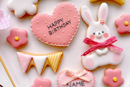 うさぎとお花のアイシングクッキー お誕生日セット (ピンク)｜クッキー