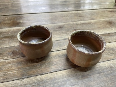 美品 備前焼 蓋付き壺 ぐい呑み2個 湯呑み1個 陶器4点セット 三国窯