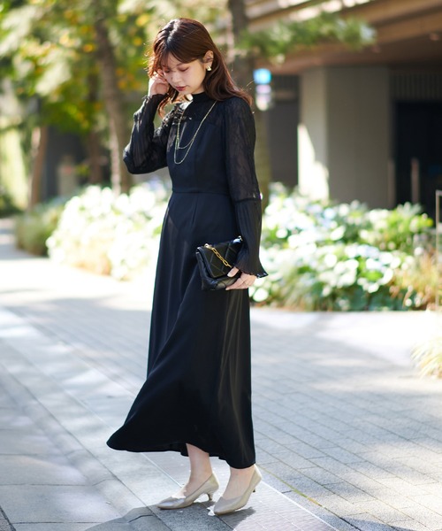 セール】オケージョン対応 プリーツフレアスリーブパーティードレス