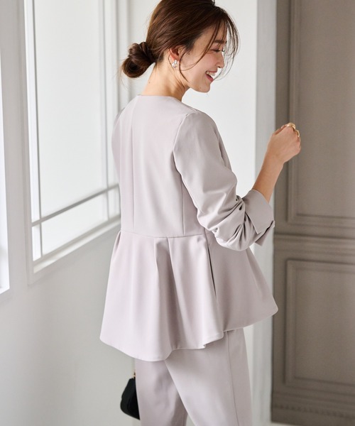 セール】【2点セット】防シワ/抗菌防臭 ノーカラーペプラムパンツ