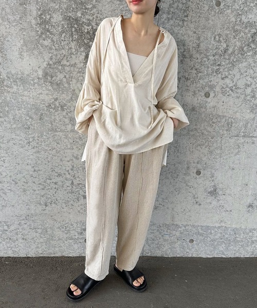 リネンフロントタックリラックスパンツ（スラックス）｜select MOCA by