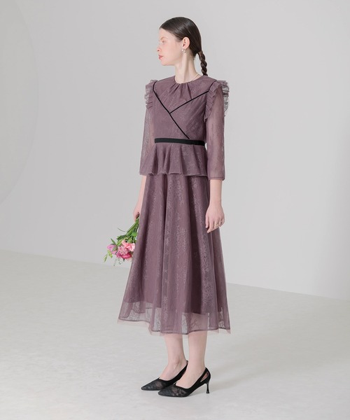 セール】【LEJA】総レース花柄レイヤード配色フレア後ろリボン美脚効果