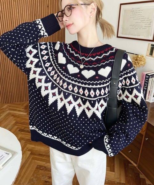 セール】5G ハート柄求心ジャガードニットプルオーバー（ニット