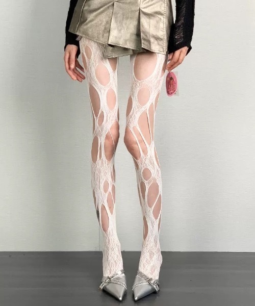 セール】Y2Kクラッシュレースホールタイツ（タイツ/ストッキング