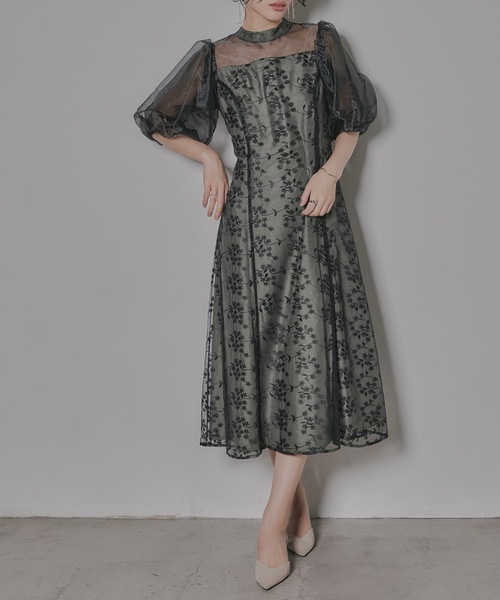 低身長用サイズあり】オーガンジーパフスリーブ刺繍レースドレス 結婚